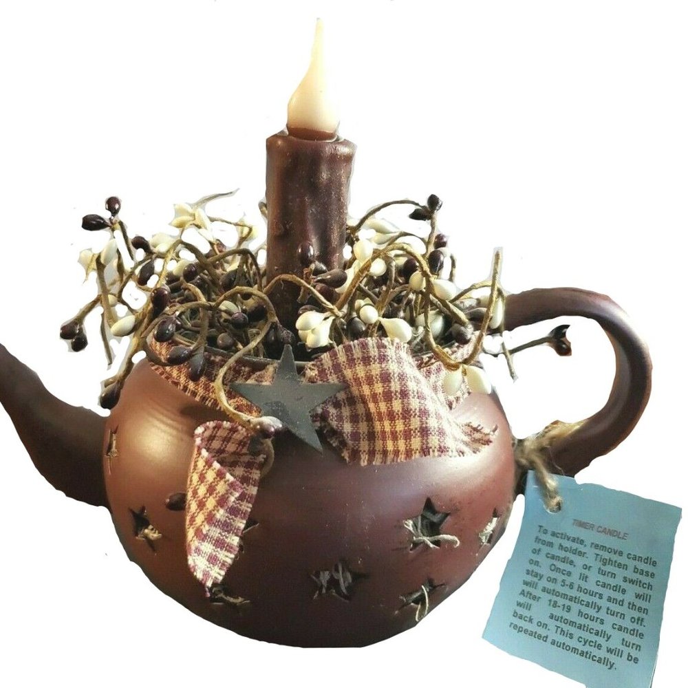 Metal Brown Teapot with Timer Candle Country Decor